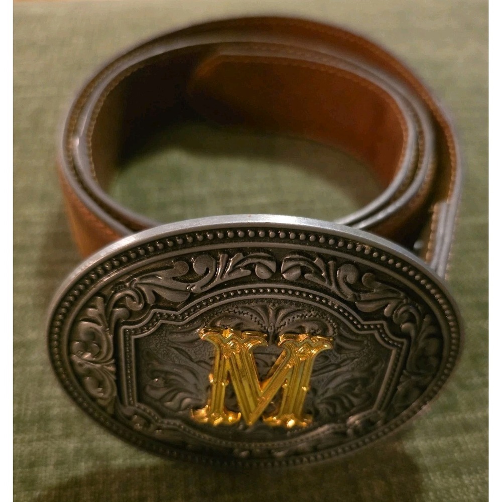 Brown Leather Western Belt Gold M Buckle Men's Size 34 Accessories